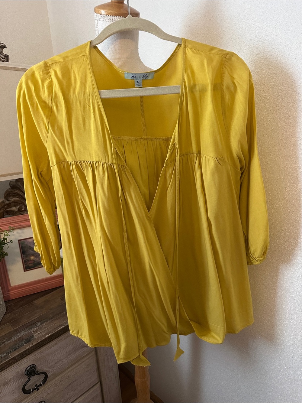 She + Sky Mustard Wrap-Style V-Neck Blouse